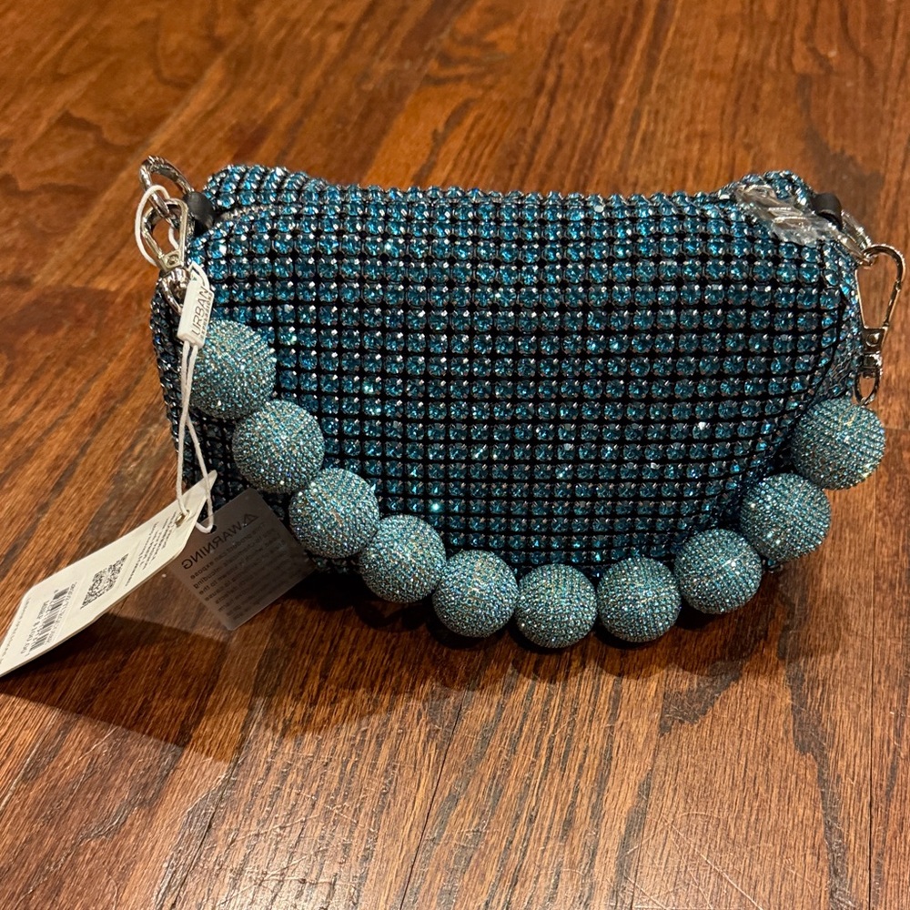 Urban Expressions - Teal Crystal Beaded Shoulder Bag with Decorative Bead Strap